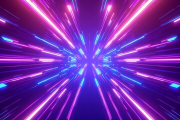 Fototapeta premium Abstract neon light streaks, purple and blue, radiating from center.