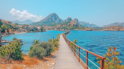 Obraz premium Scenic Coastal Walkway with Mountains and Crystal Blue Waters..
