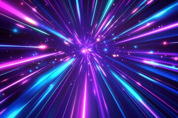 Naklejka premium Abstract neon light streaks radiating outwards from a central point, creating a futuristic hyperspace effect.