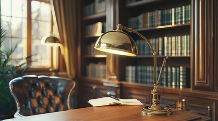 Obraz premium Elegant Reading Nook with Lamp and Books in Classic Library Setting