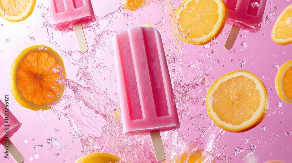Poster pink and orange popsicles with fruit slices flying and splashes of liquid on a vibrant pink backgrou