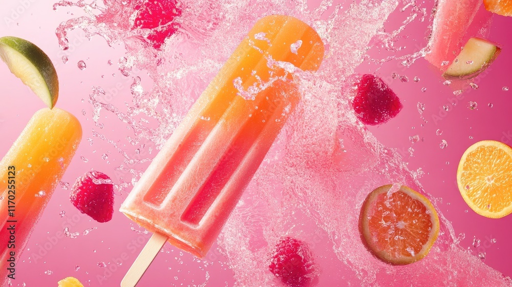Poster pink and orange popsicles with fruit slices flying and splashes of liquid on a vibrant pink backgrou