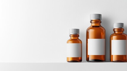 Amber Glass Bottles Mockup: Three sizes with white labels, perfect for essential oils, medication, or other products.