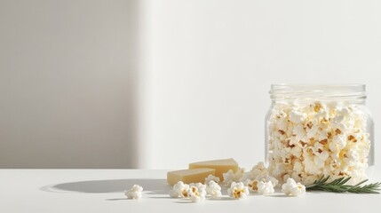 Minimalist Popcorn Snack in a Glass Jar on White Background – Clean Food Concept