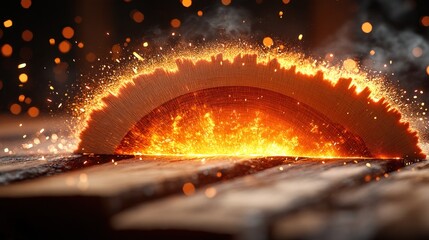Burning wood slice with sparks.