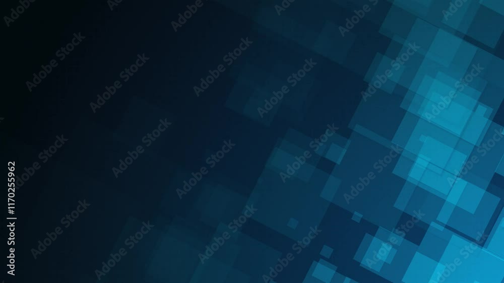 Poster blue square shapes are moving from the bottom right of a gradient grid abstract background, horizont
