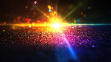 Shiny, iridescent light on a black background with prism and lens flare effects, creating a stunning and colorful glow ideal for digital art and creative projects.