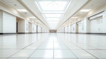 Fototapeta premium Long Corridor in Modern Building: Clean Lines and Bright Lighting