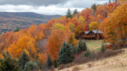 Fototapeta premium Vibrant Autumn Landscape with Cabin Surrounded by Colorful Foliage
