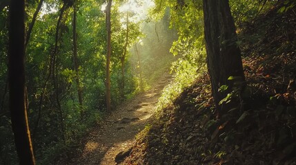 Fototapeta premium Serene Sunlit Pathway Through Lush Green Forest in Morning Light