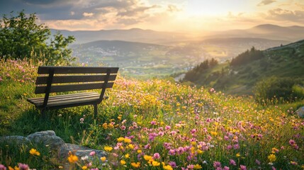 Fototapeta premium Tranquil Landscape with Bench Surrounded by Wildflowers at Sunset