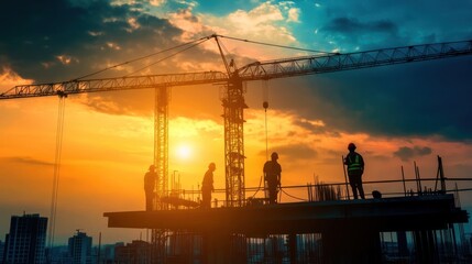 Silhouetted construction workers at sunset, showcasing urban development and teamwork.