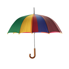A colorful umbrella featuring alternating stripes of green, blue, yellow, red, and brown with a wooden handle.