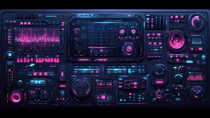 Futuristic control panel with digital interface, neon lights, and various buttons, knobs, and displays.
