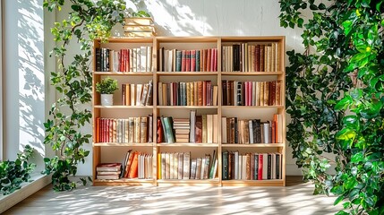 Sunlit bookcase filled with books flanked by plants.