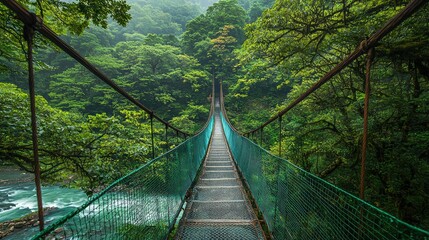 Serene Suspension Bridge Over Water Surrounded by Lush Green Forest