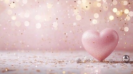 Obraz premium Sparkling pink Valentine's Day background with a 3D heart, golden bokeh lights, and silver confetti. Perfect for creating festive Lovecore and love celebration content with copy space.