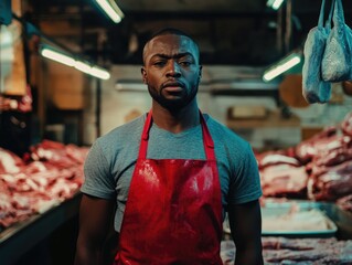 Fototapeta premium African American butcher working with meat.