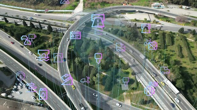 Intelligent Vehicles Cars Communicating Ai Logistic Autonomous Delivery Vehicles IoT GPS Tracking Satellite 5G Smart Roads Traffic Road Junction Interchange Motorway Triangulation Of Traffic Data