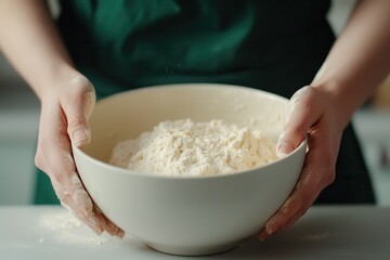 Food bloggers share cooking tutorials. Hands holding a bowl of flour in a kitchen setting.