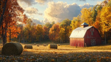 Serene Autumn Landscape with Red Barn and Hay Bales