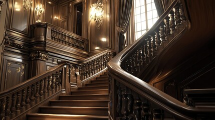 Obraz premium Elegant Wooden Staircase with Ornate Details in Luxurious Interior