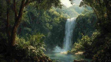 Lush Tropical Waterfall Surrounded by Dense Green Forest Landscape