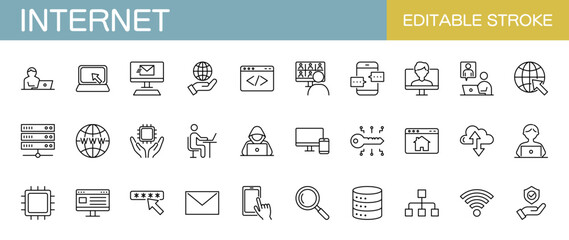 インターネットやパソコン、セキュリティに関するラインアイコンセット　編集可能　