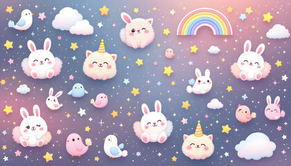 Adorable Pastel Bunnies, Cats, and Birds in a Dreamy Night Sky