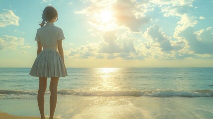 Young girl gazing at the ocean during sunset.