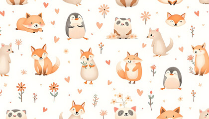 Fototapeta premium Adorable Woodland Creatures: A Sweet Watercolor Pattern