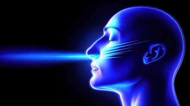 Side view illustration of nose and ear with breathing tension blue lighting on dark background, represents asthma cough, cold, flu consultations, and the need for decongestants