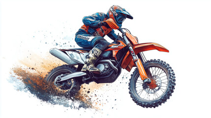 Motorcyclist on a sportbike with a vibrant orange body riding through sand, creating a dust effect