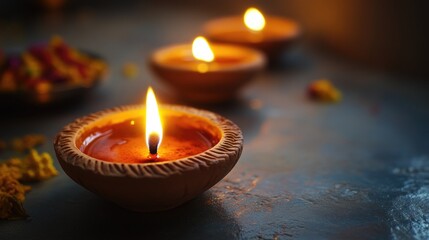 Colorful lit candles on an altar, possibly for a Hindu ritual or ceremony.