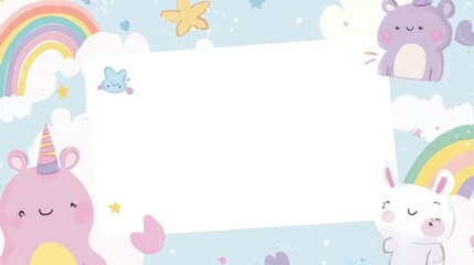 Two blank white cards surrounded by pastel purple kawaii animals, rainbows, and colorful details. Ideal for scrapbooking, greeting card designs, and baby photo book creations.