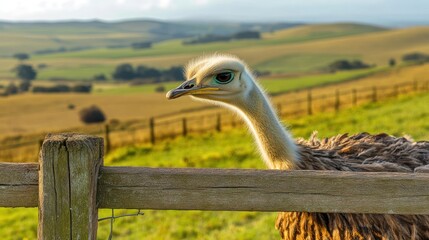 Ostrich by the Fence in a Rolling Green Landscape