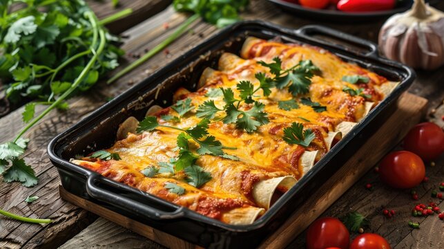 Crispy nacho-style enchilada with a gooey cheese top, served on a wooden table and garnished with cilantro.