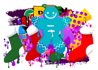 Christmas stocking and Gingerbread Man Cookie graffiti. Abstract modern street art decoration performed in urban painting style.