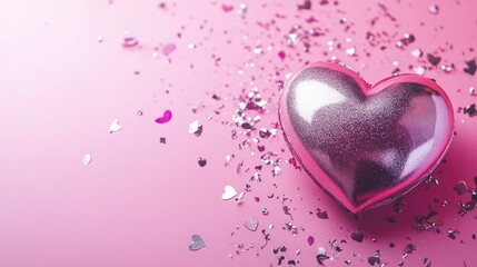 Obraz premium Valentine's Day background in bright magenta pink featuring a metallic heart and scattered silver confetti. Ideal for romantic events, love celebrations, and Valentine's day promotions.