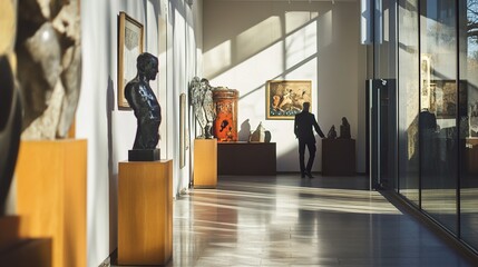 Sunlit Gallery Interior: Sculptures and Paintings on Display