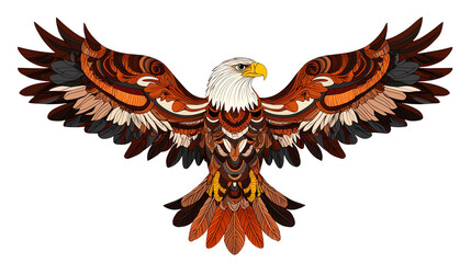 Fototapeta premium A majestic eagle with outstretched wings, showcasing intricate feather patterns in vibrant colors.