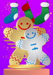 Mockup product display with Christmas stocking and Gingerbread Man Cookie. Vector cylinder pedestal podium. Stage showcase for presentation. Minimal geometric forms.