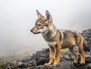 Fototapeta premium Small brown and white dog is standing on a rocky surface. The dog has a curious expression on its face