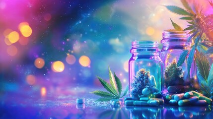 Vibrant banner showcasing CBD pills and cannabis leaves in jars, with bright and colorful lights, ideal for wellness and alternative healing products.