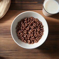 Chocolate cereal in a bowl with milk on wooden table.