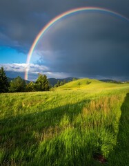 青々とした草原と雨上がりの空にかかる鮮やかな虹
