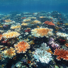 Obraz premium Vibrant coral reef underwater with diverse marine life.