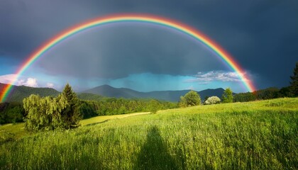 Obraz premium 青々とした草原と雨上がりの空にかかる鮮やかな虹