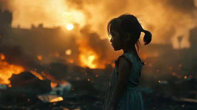Little Girl Amidst Fiery Devastation: War-Torn Cityscape at Sunset, Showing Loss, Innocence, and Hope for Peace. Cinematic Footage