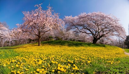 開の桜の木の根元に咲く黄色いタンポポ